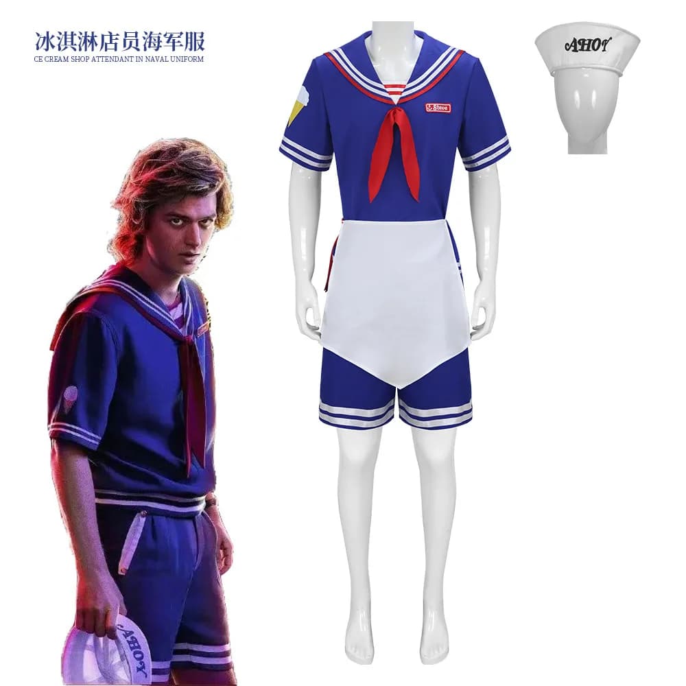 Costume Cosplay Steve Harrington, Costume Scoops Ahoy Robin, Navy Uniform with Gonna, Outfit for Halloween for Woman and Man