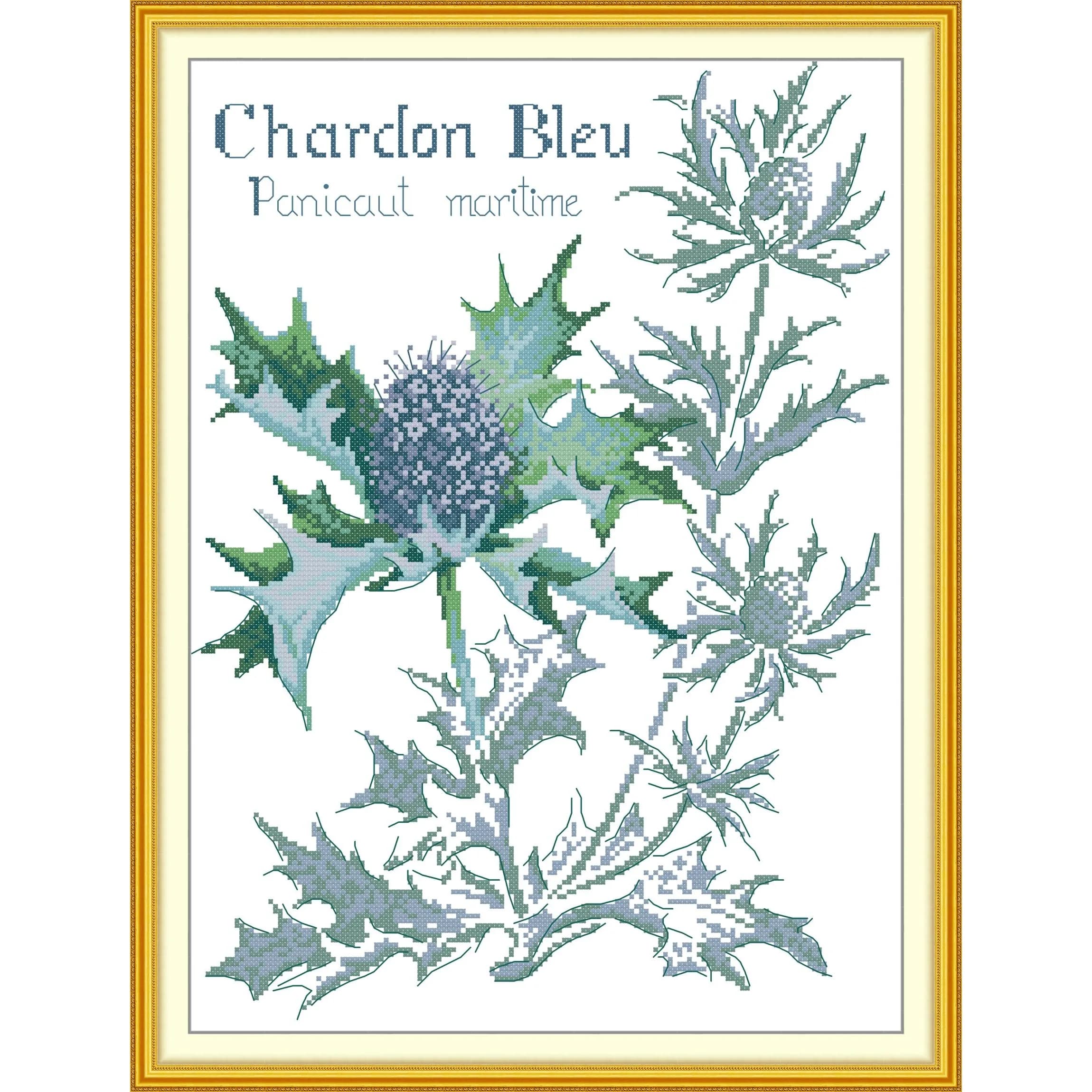 Kit per Punto Croce Pre-Stampato Soulgift News, Tessuto Aida Stampato con Fili DMC, Kit Ricamo - Blue Thistle
