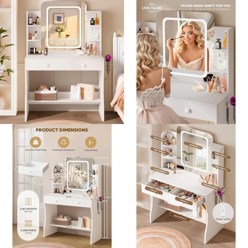 compact white makeup desk with led mirror, hair dryer, socket and container