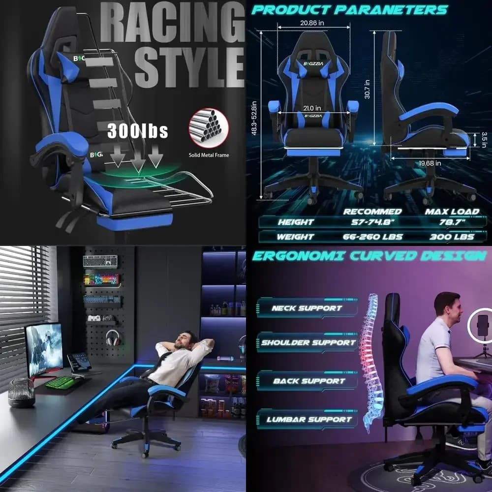 Sedia da gaming ergonomica in pelle con schienale alto, poggiapiedi, poggiatesta e supporto lombare per giocatori di statura elevata e corpulenti, in offerta speciale.