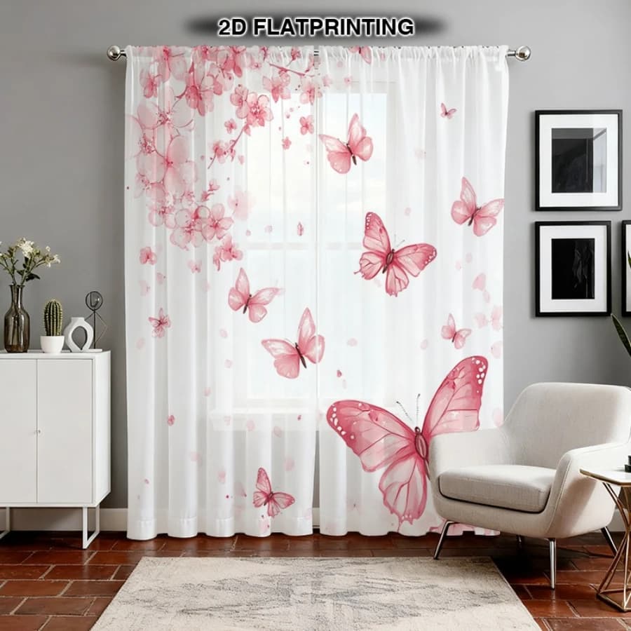 2PCS Digital Print Sheer Curtain, Pink Cherry Blossom with Butterflies Pattern, Sweet Romantic Girlish Princess Bedroom Decor