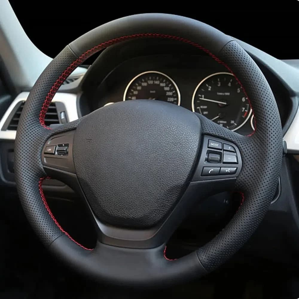 Coprivolante per auto in pelle artificiale nera antiscivolo cucita a mano per BMW F30 F31 F34 F20 F21 F22 F23