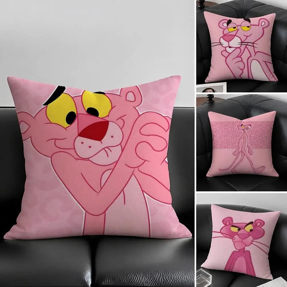 Cartoon Pink Panther Cushion Cover Natural Linen Pillowcase Set, All-in-One Decor for Sofa, Bedroom & Chair
