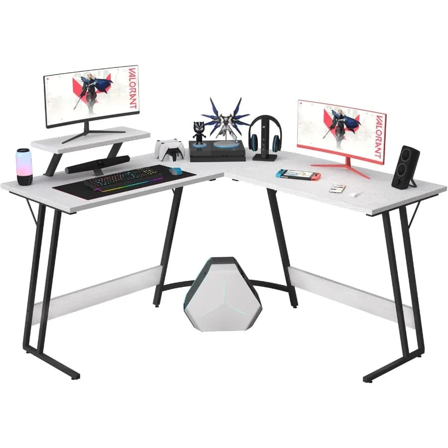L-shaped gaming desk with raised support for large monitors for home office and game configuration for PC Robusta computer corner desk with split