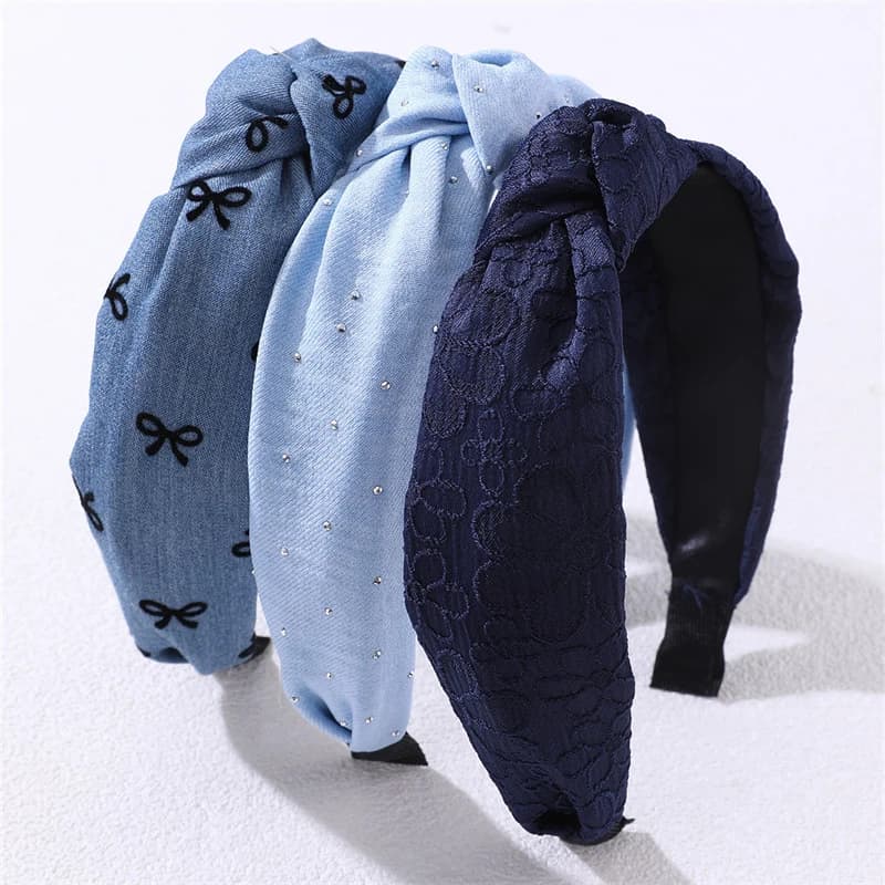 3pcs/set Dark Blue Denim Beaded Headband – Stretchy Elastic Hair Hoop for Everyday Styling.