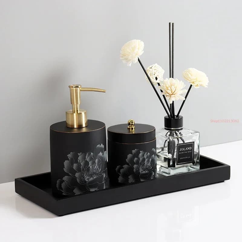 Set Moderno di Accessori per Bagno in Resina, Dispenser di Sapone Liquido Portatile per Hotel, Porta Spazzolini, Contenitore per Bastoncini di Cotone, Vassoio