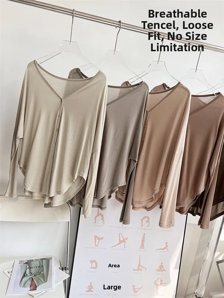 Cardigan Aperto in Seta Traspirante Casual e Comodo per Yoga e Sport, Top Elastico Leggero con Scollo a V e Maniche Lunghe