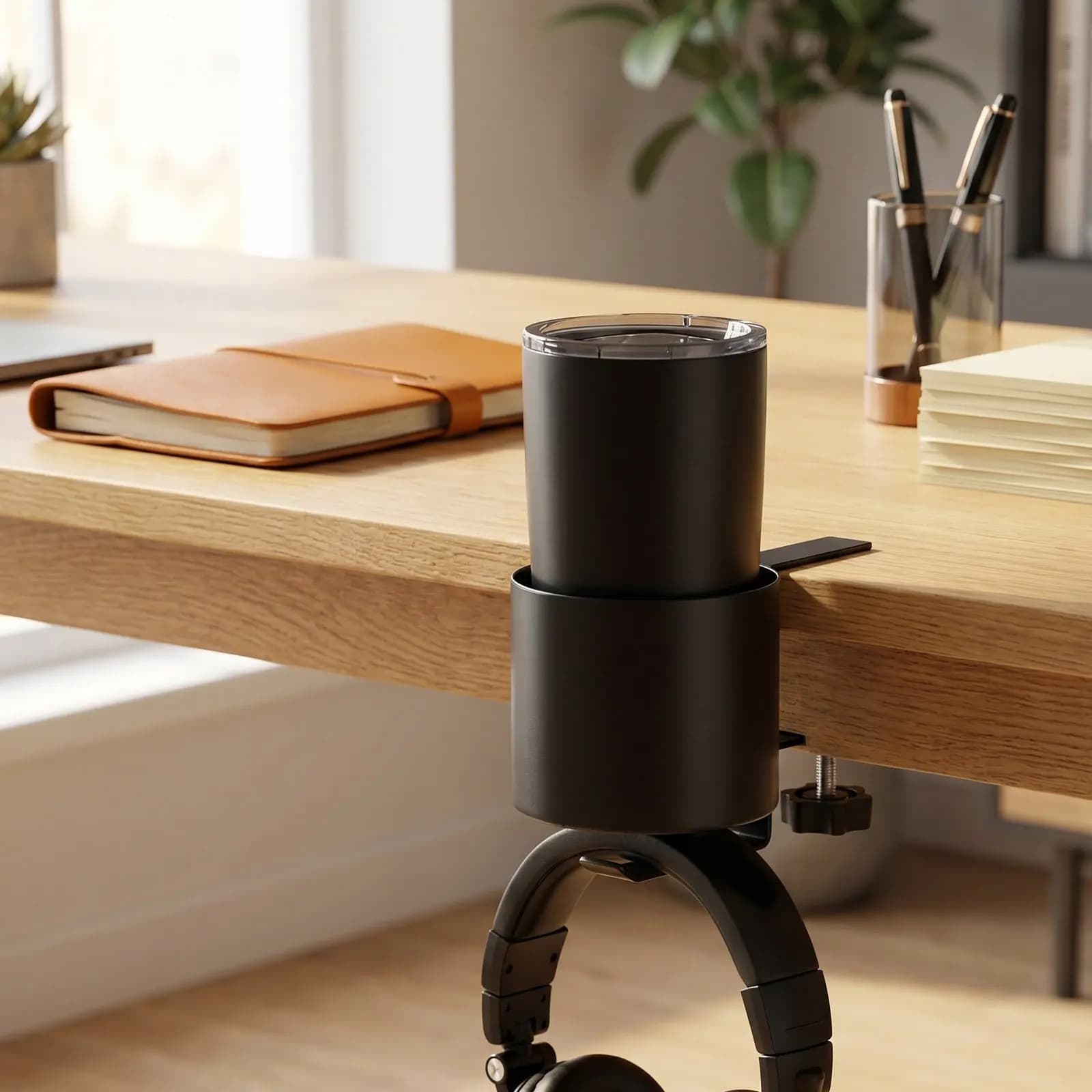 2 in 1 Office Desk Cup Holder and Headphone Hanger Clip Diameter 85Mm Black Non Slip Table Clip- Holder for Gaming Home