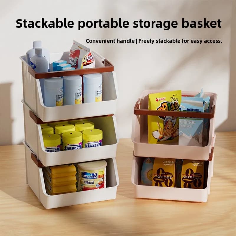 Stackable and portable storage basket with handle - Multifunctional plastic box with open front compartment