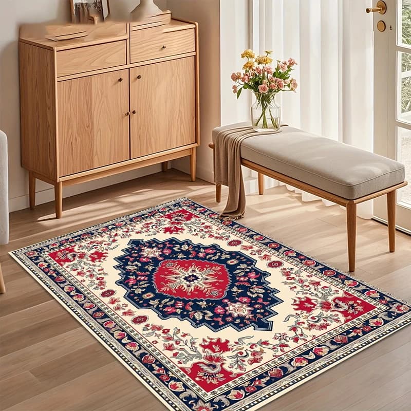 Tappeto Persiano con Medaglione Rosso e Blu Navy per Soggiorno e Camera da Letto, Decorazione Orientale Tradizionale, Antiscivolo e Lavabile