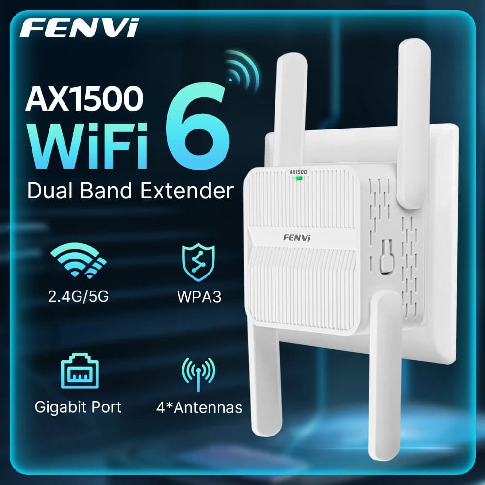 Fenvi AX1500 Ripetitore WiFi 6 Dual Band 2.4G&5GHz 802.11AX, Estensore Wireless Wi-Fi con 4 Antenne da 2dBi, Amplificatore di Rete Gigabit, WPS