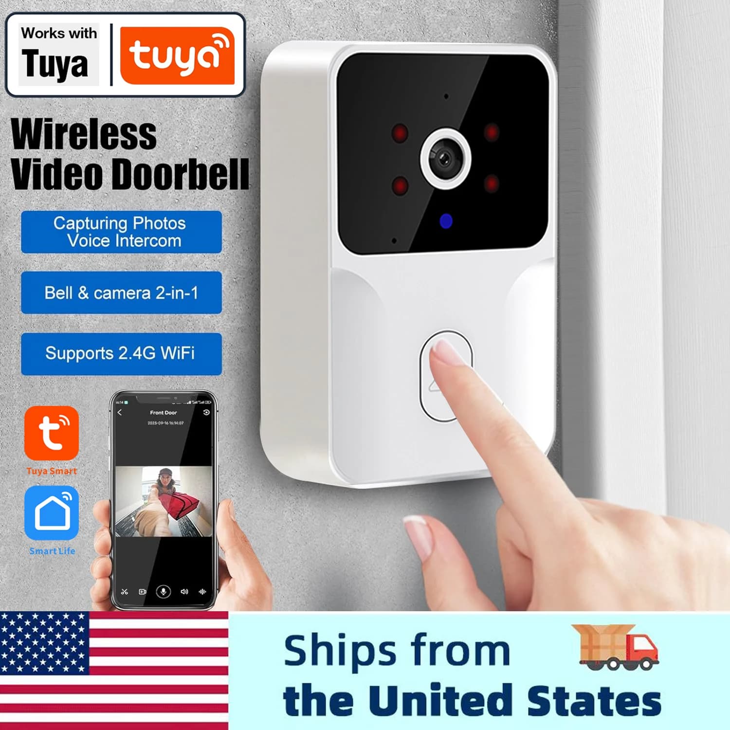 Campanello Video Intelligente Tuya 480PHD, Campanello Wireless per Sicurezza Domestica, Visione Notturna, Cambio Voce, Audio Bidirezionale, Impermeabile