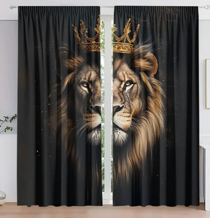 2pcs Black Crown Lion Curtains Crowned Lion King Window Drapes Cool Animal Art Decor for Living Room Bedroom