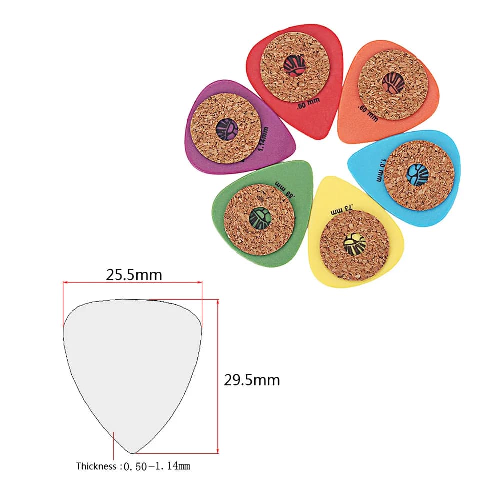 6 Pezzi Plettri per Chitarra Colorati con Pompon, Ultra Sottili e Leggeri, con Anello in Sughero per una Sensazione Confortevole sulle Dita, per Chitarra, Basso, Ukulele, Mandolino, Banjo