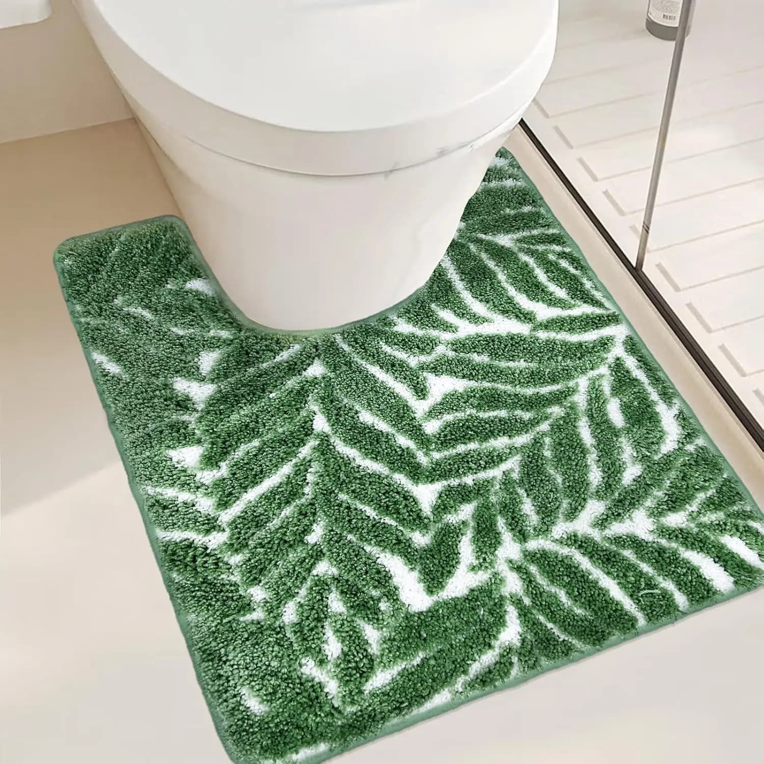 Tappetino da Bagno a Forma di U Verde Scuro, Antiscivolo e Lavabile, Design a Foglia Assorbente per Arredo Bagno