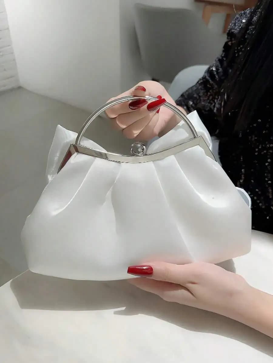 White Satin Frame Handbag With Rhinestone And Bow Decoration For Evening Party