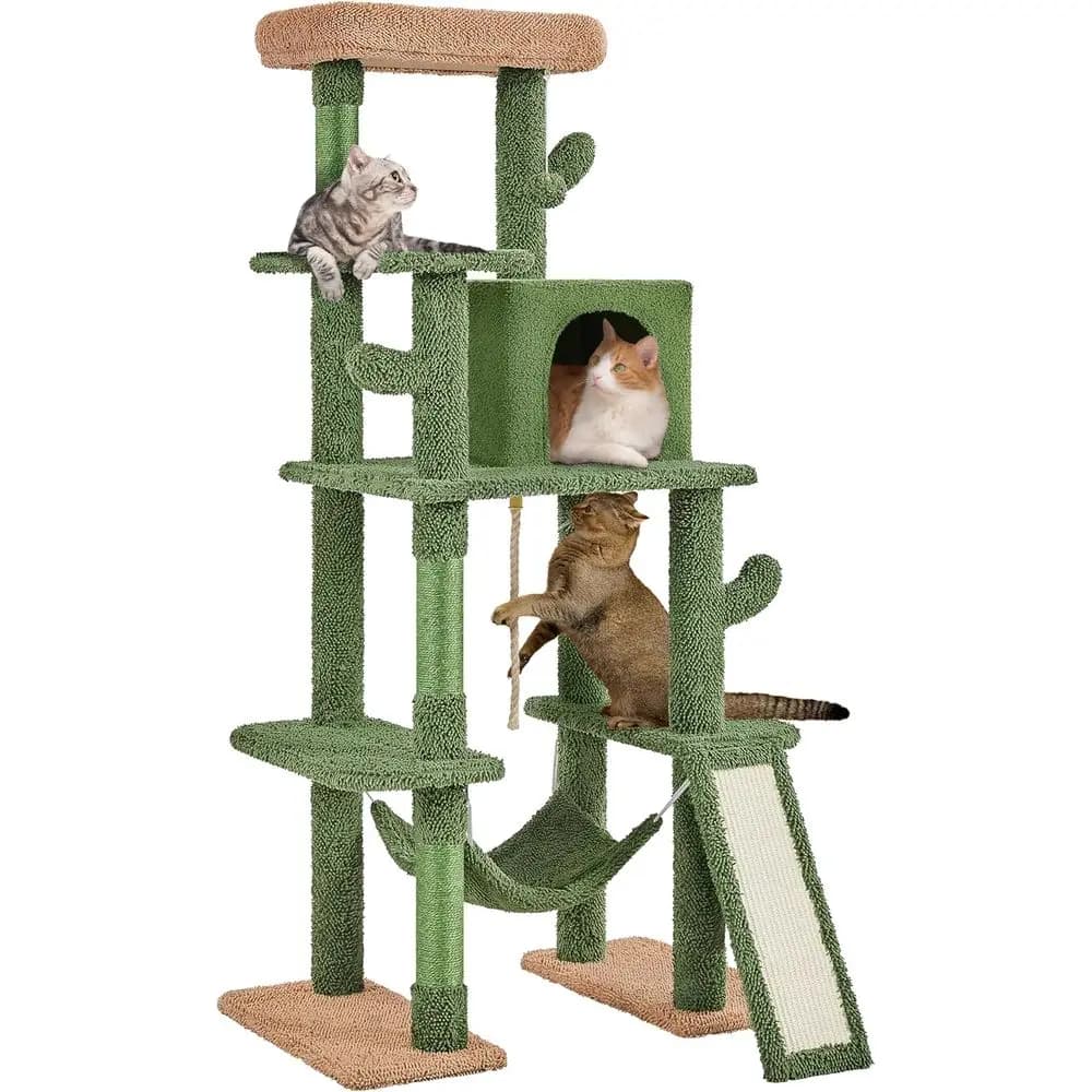 63in Cactus Cat Tree, Multi-Level Tall Climbing Tower with Sisal-Covered Scratching Posts, Condo & Hammock, Pet Furniture Activi