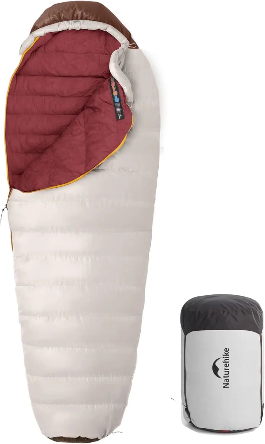 Sacco a Pelo Mummia in Piuma d'Oca 650 Fill Power per Adulti, per Campeggio e Escursionismo in Climi Freddi, -1°C ° Da F a 30 ° Cerniera YKK con chiusura a F