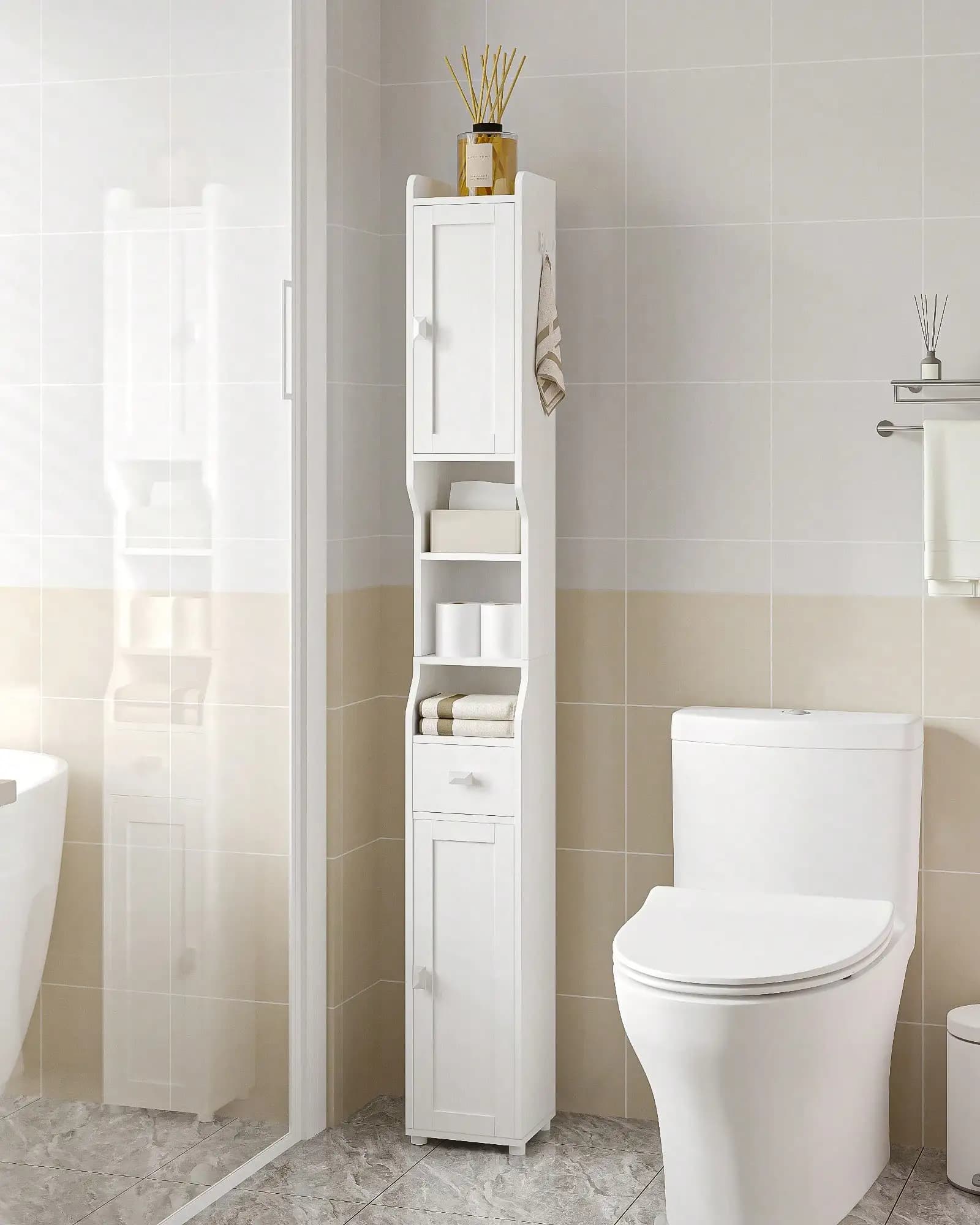 HaluPeit Bathroom Storage Cabinet, Narrow Tall Bathroom Cabinet, Freestanding Floor Cabinets With 2 Doors And 1 Drawer, Toilets Organizer With Adjustable Shelf, 1 Hook For Small Spaces, White