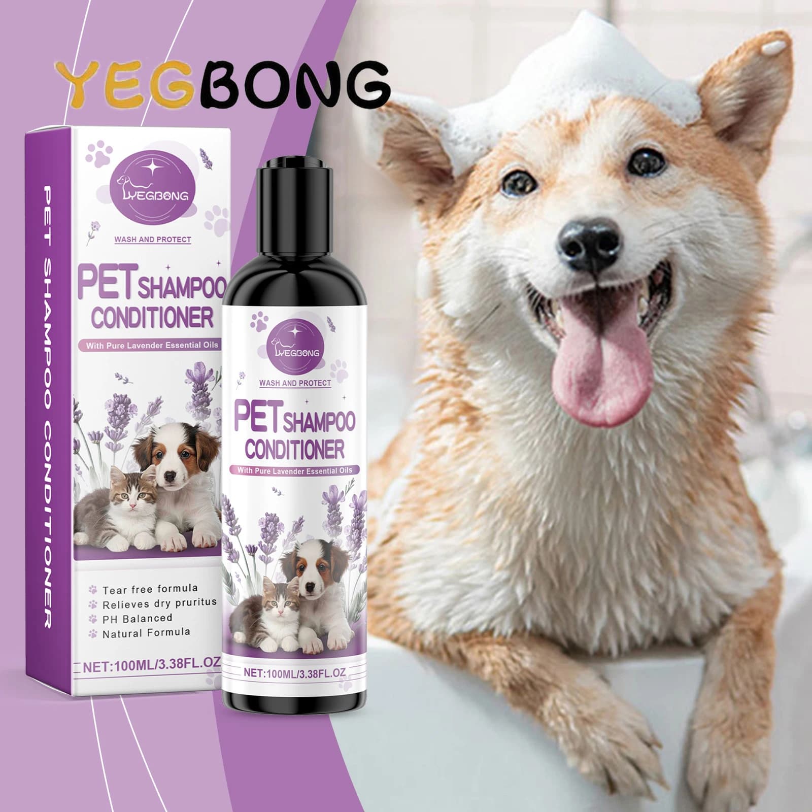 YEGBONG 100ml Shampoo alla lavanda per animali domestici Pulizia delicata Cappotto soffice e liscio Fragranza a lunga durata Consigliato dal veterinario per cani e gatti