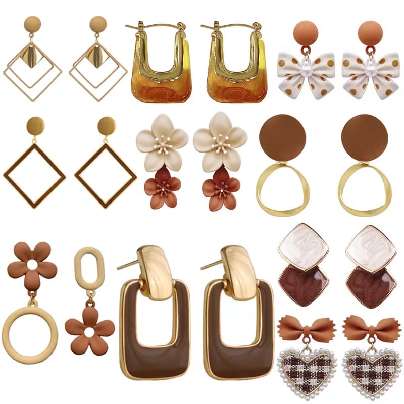 Coffee Color Geometric Flower Square Bowknot Heart Drop Earrings Korean Elegant Sweet Girl Ear Accessories Brown Earrings