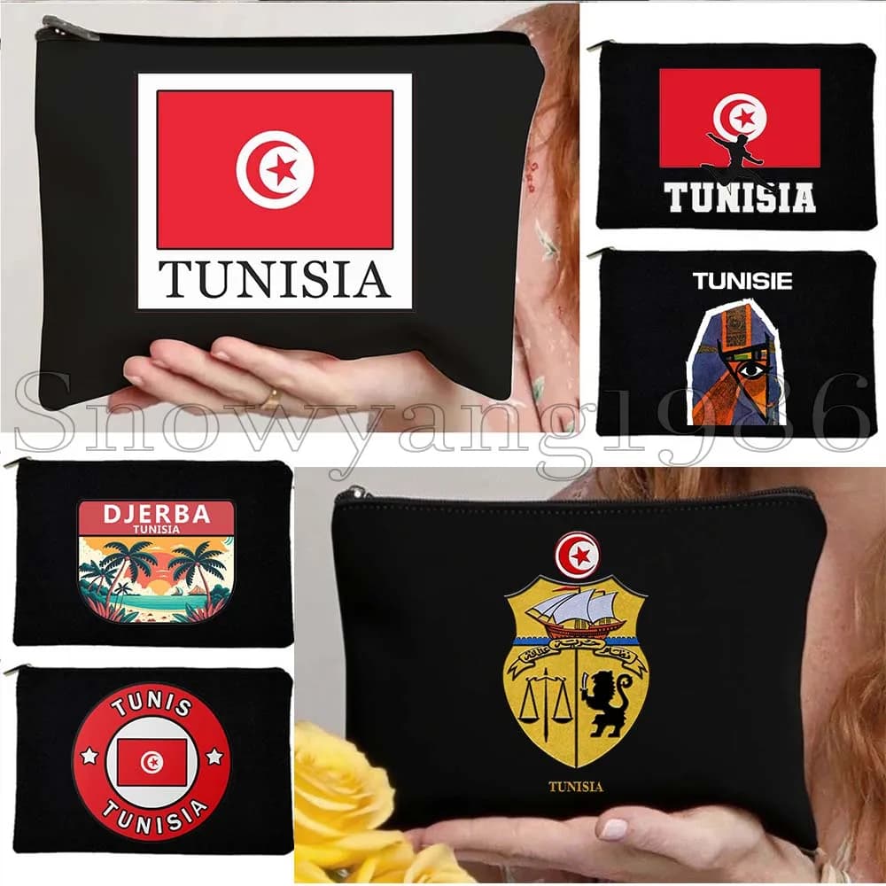 Bandiera della Tunisia Mappa della Tunisie Sidi Bou Said Tunis Regali Tela Trucco cosmetico Borsa da toilette Astuccio con cerniera Custodia in cotone