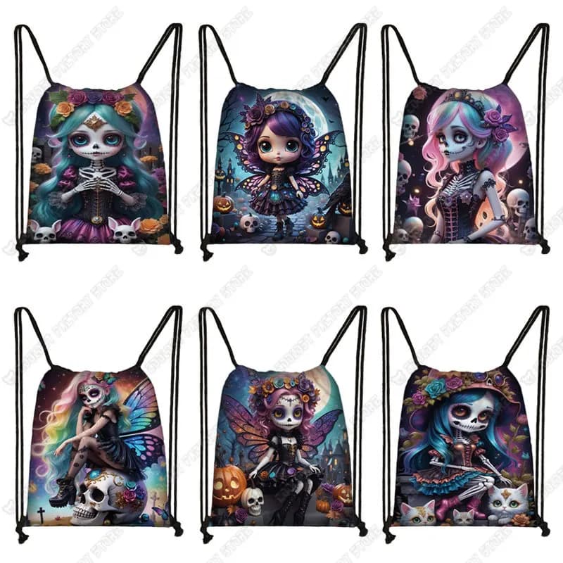 Gothic Skull Fairy Print Drawstring Bag for Travel Gothic Skeleton Girl Cartoon Backpacks Teenager Bookbag Shoes Holder Gift