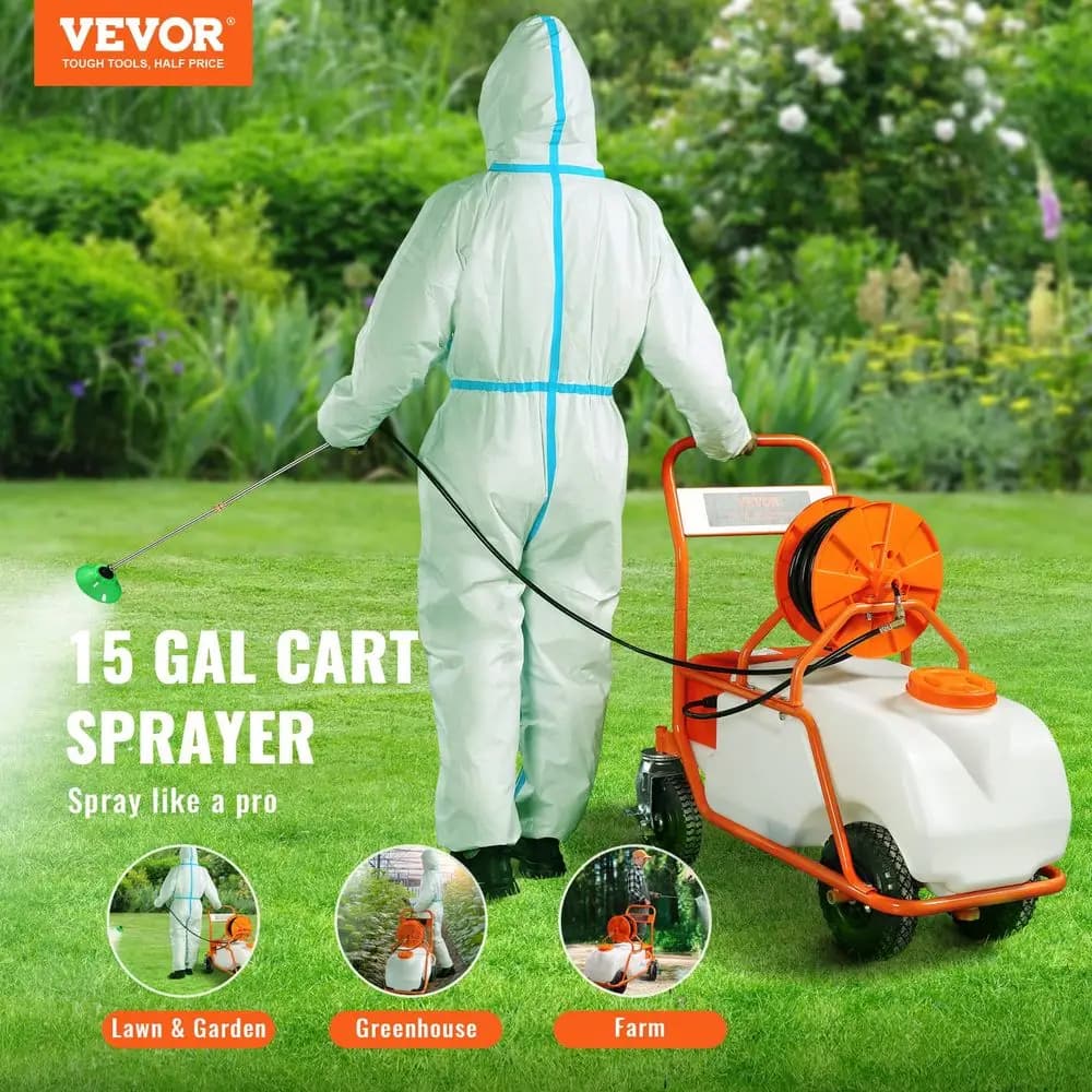 Atomizzatore a batteria da 57 litri per giardino con carrello, tubo da 38 metri con avvolgitubo, 8 ugelli, 2 lance con grilletto di blocco, 09