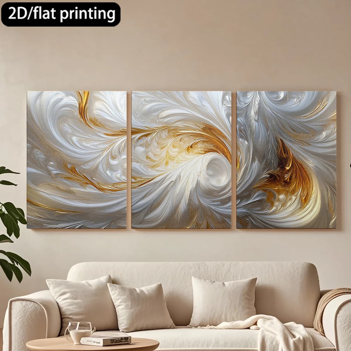 Set di 3 Quadri Decorativi su Tela con Cornice in Legno, Elegante Dipinto Astratto Bianco e Oro. Decorazione per Corridoio e Camera da Letto
