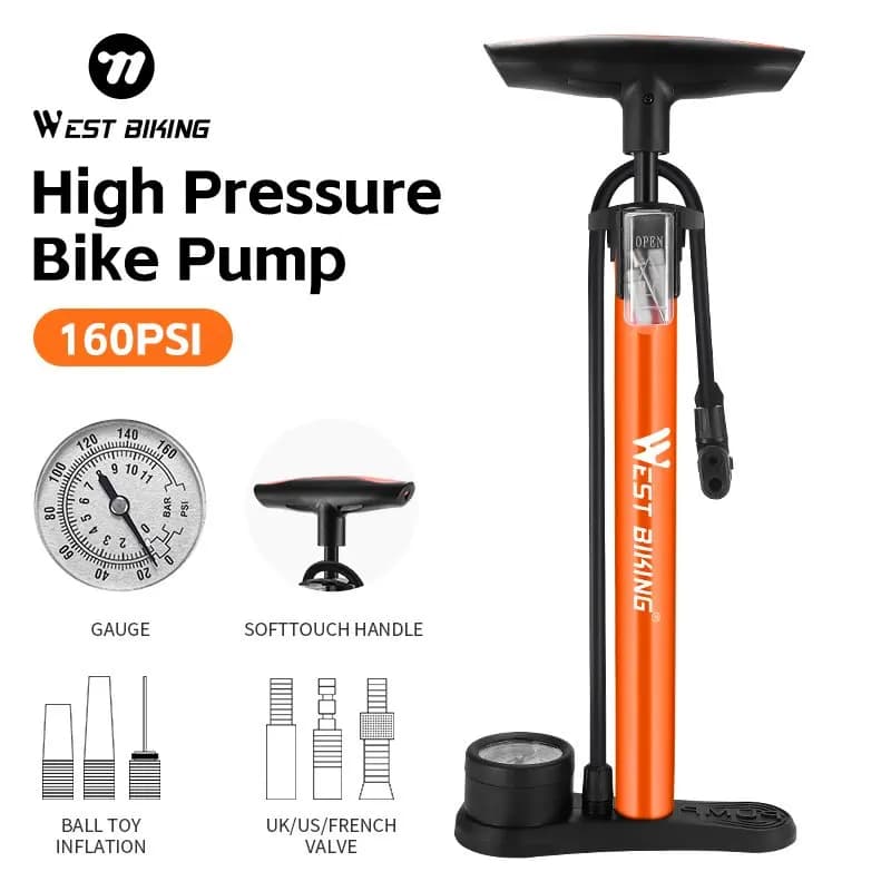 WEST BIKING Pompa d'aria per moto con manometro Schrader Presta 160PSI Pompa da ciclismo ad alta pressione Gonfiatore d'aria Accessori moto