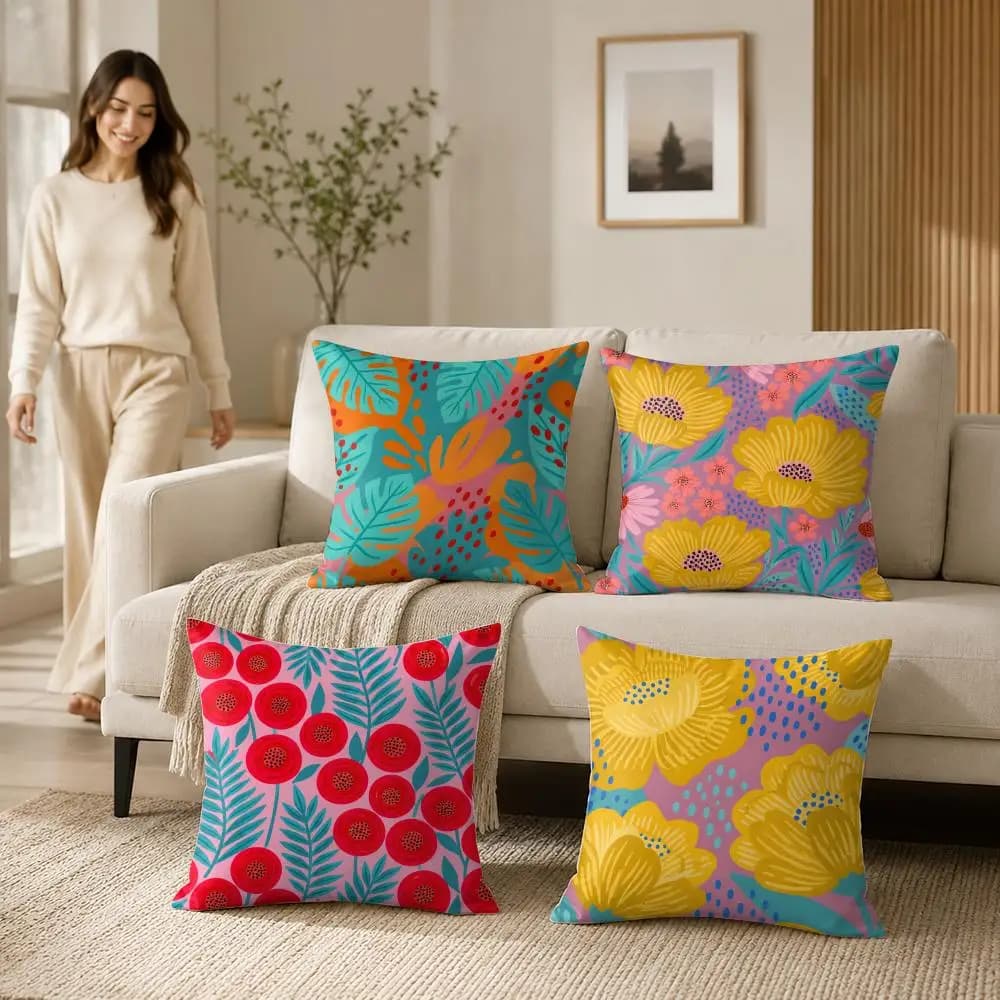 Floral Vibrant Botanical Cushion Cover Soft Short Plush Pillow Case Double Sided Print Washable Sofa Home Decor Gift