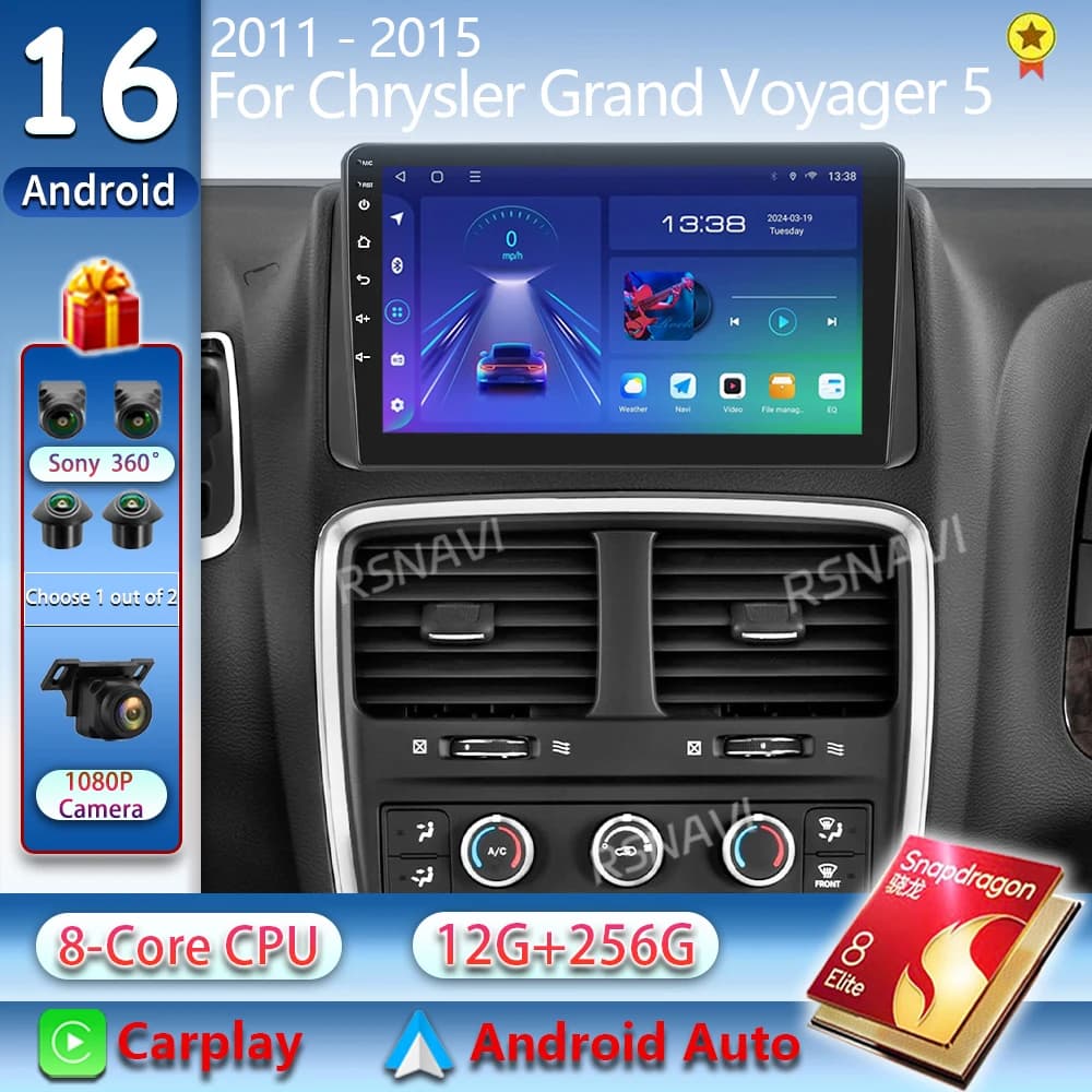 Autoradio Android 16 per Chrysler Grand Voyager 5 2011-2015 Dodge Grand Caravan 2008-2020, Lettore Multimediale Carplay con DSP Stereo