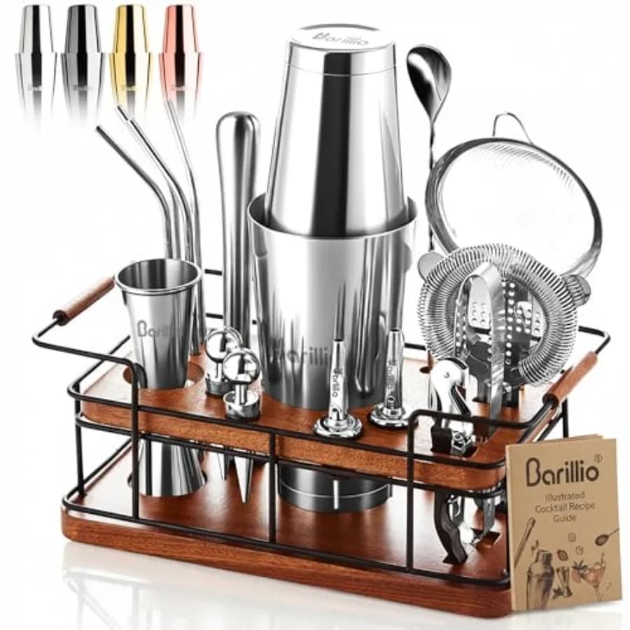 Barillio Bartender Kit 23-Piece Stainless-Steel Cocktail Shaker Set with Premium African Mahogany Stand Martini Barware Mixing