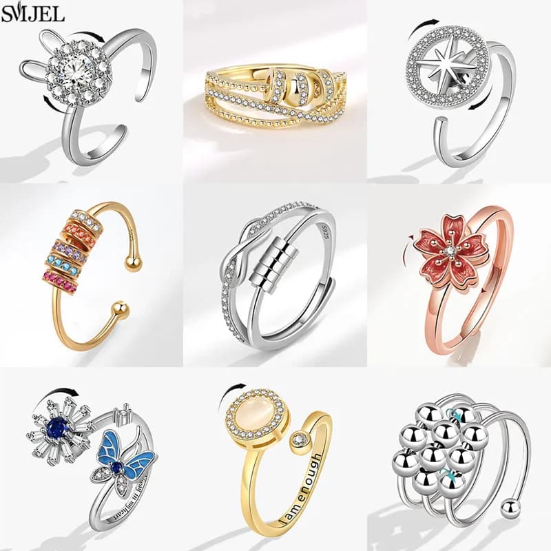 Romantico fiore di ciliegio Ansia Fidget Spinner Anelli per le donne Simpatico coniglio Farfalla Perline Ruota Anello rilassante Gioielli per feste