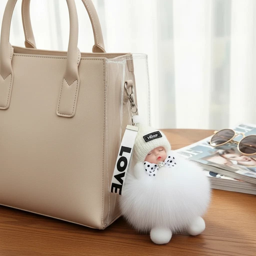 Keychain with cute and soft plush doll, baby-shaped sleeping, for women and girls, to hang to bag or car keys, decorative pendant, gift idea.