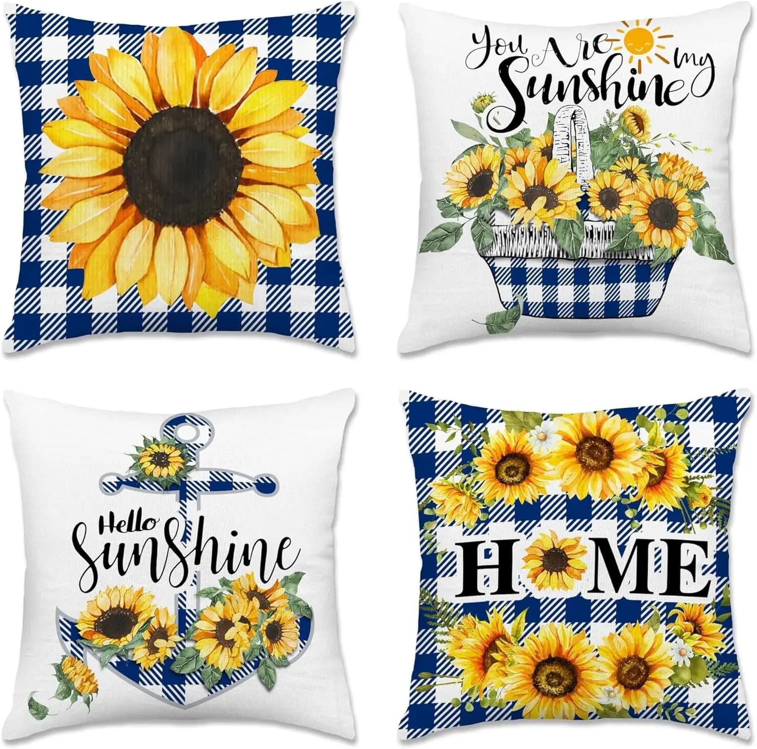 4 Piece Sunflower Pillow Covers Blue and White Checkered Farmhouse Throw Pillows Polyester Cushions Rustic Summer Home Decor Set