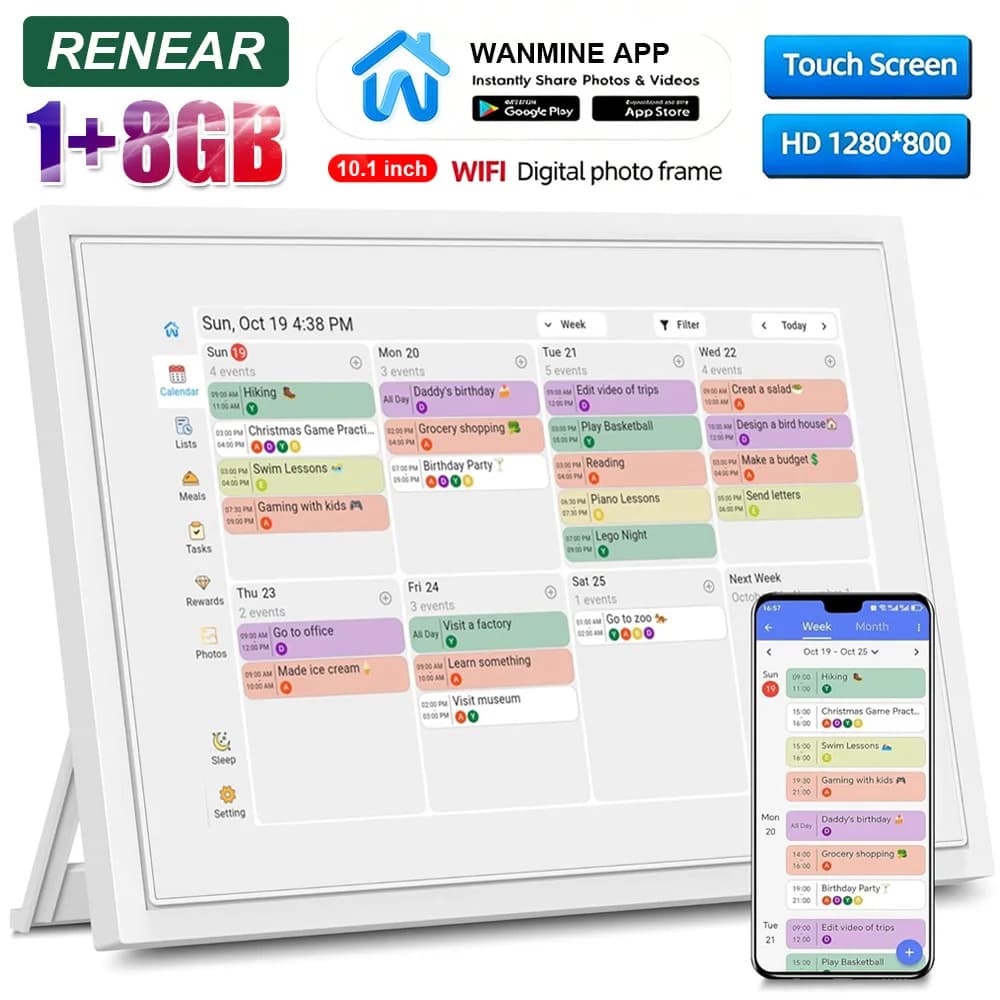 Cornice Digitale Calendario con Foto 10.1 Pollici 8GB per Pianificazione Quotidiana, Condivisione, Promemoria Compiti, Regalo per Coppie e Famiglie, Cornice Calendario Foto WIFI