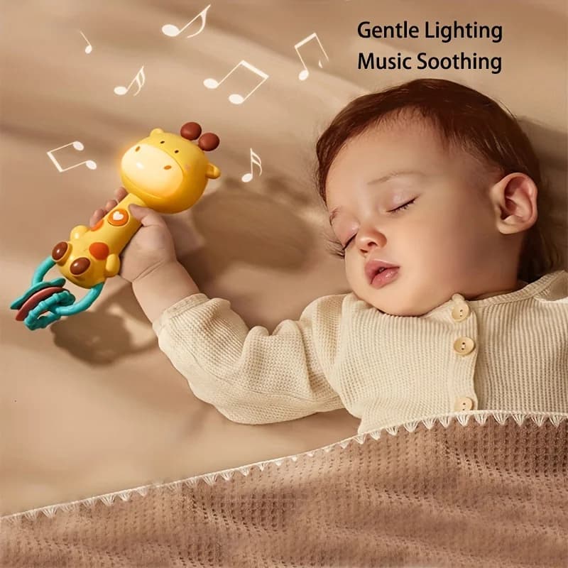 Sonagli lenitivi in gomma morbida per bambini, massaggiagengive con musica per animali dei cartoni animati, bastoncino per dentizione antiribaltamento, giocattoli educativi per l'educazione precoce