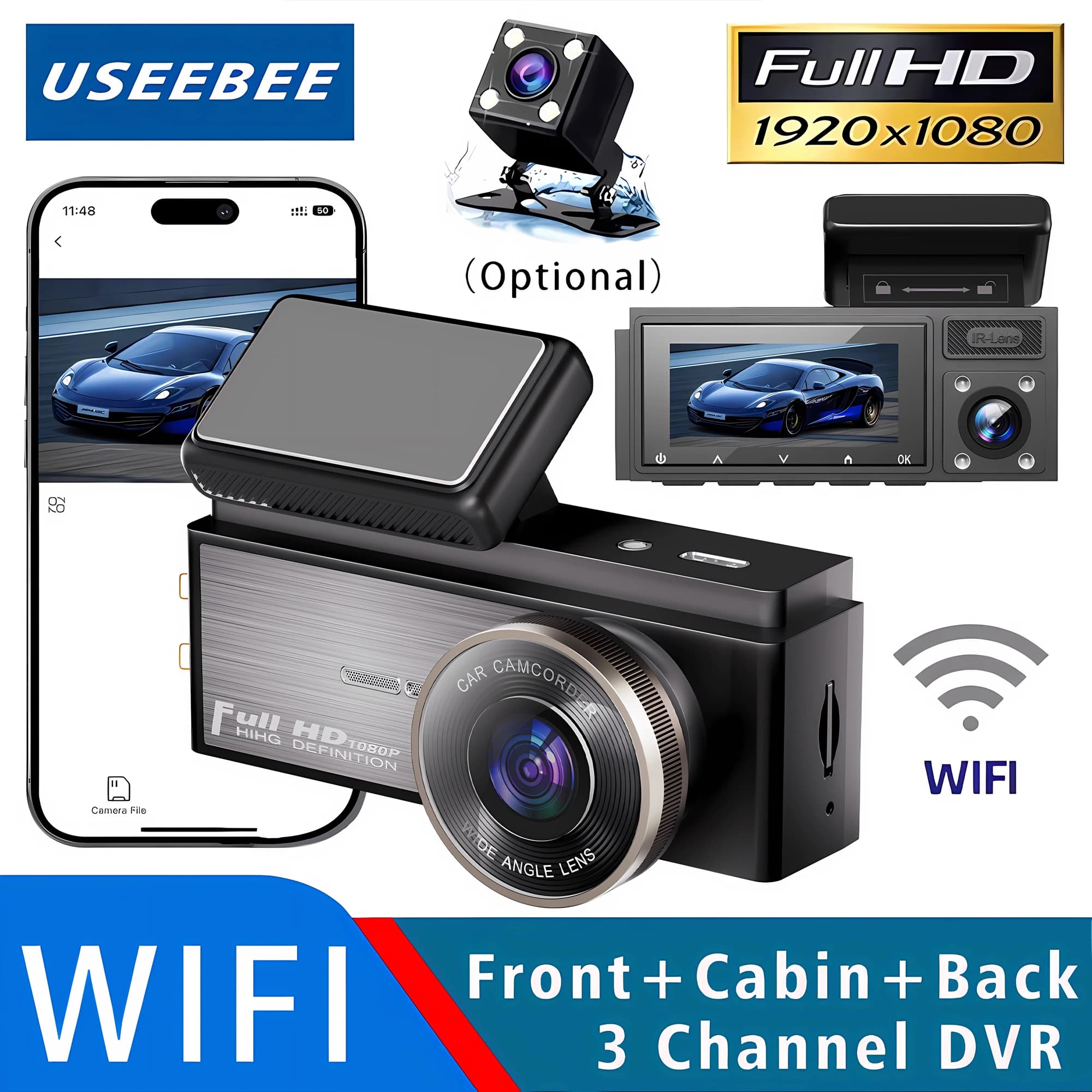 Dash Cam WIFI a 3 Canali 1080P, Videocamera per Auto con Tre Obiettivi, Mini DVR Registratore Video per Interni Veicoli