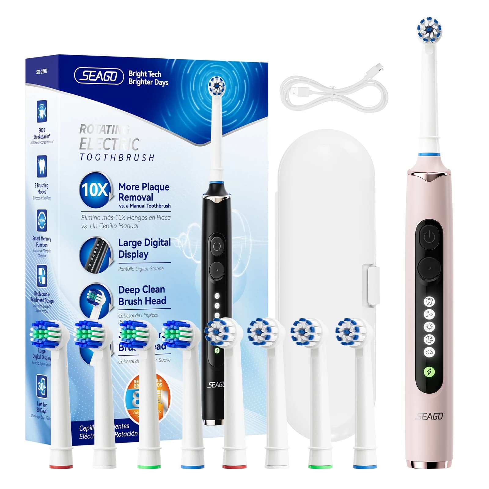 Seago electric rotary electric toothbrush for adults with 8 toothbrush heads and travel box Smart display 5 modes Waterproof SG-2607