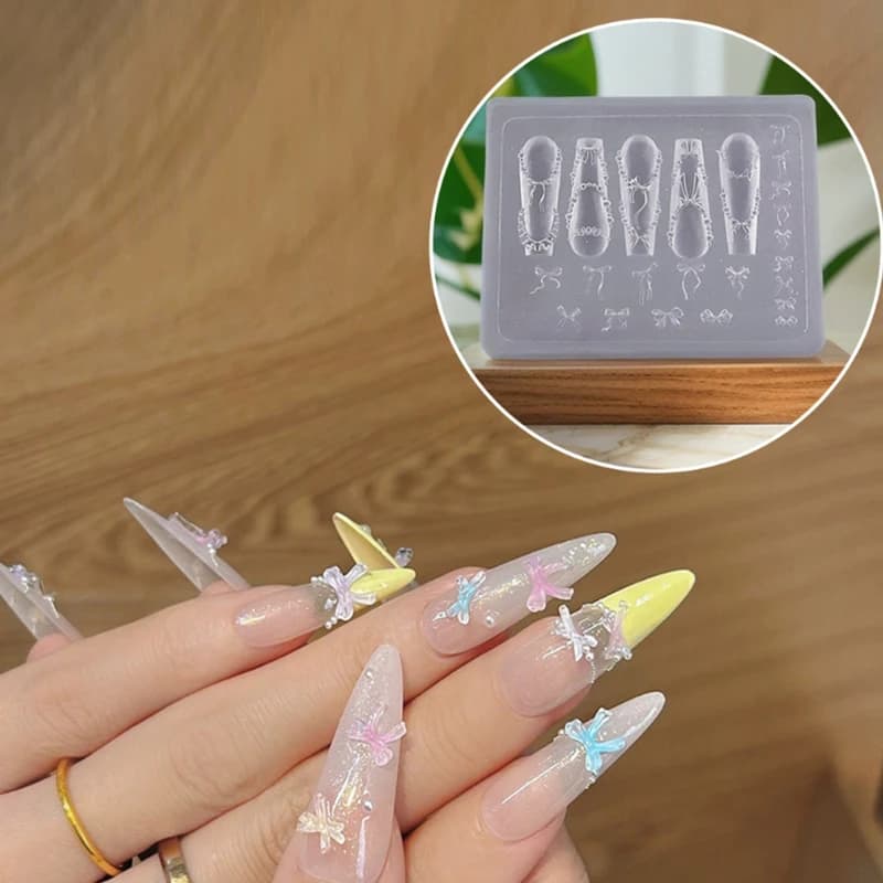 Stampo in silicone 3D per nail art con fiocco, catena di perline e nastro, per decorazioni e charm per unghie