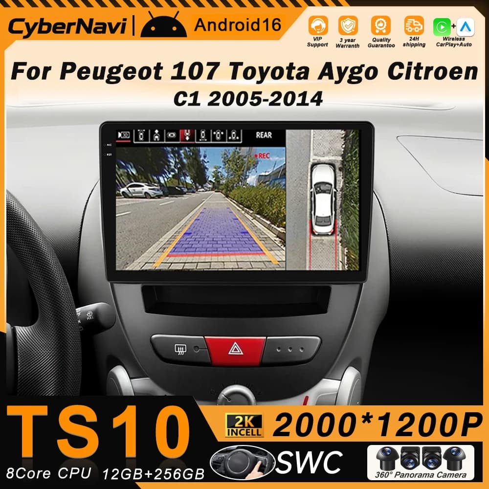 Autoradio Android 16 per Peugeot 107 Toyota Aygo Citroen C1 2005-2014, Unità Principale Stereo con GPS, Navigazione, Bluetooth, Wi-Fi, 2 Din