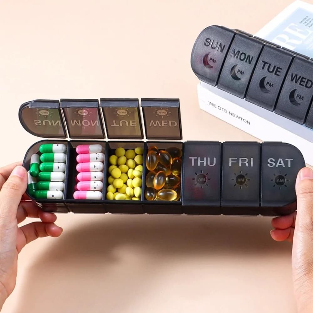 New Weekly Double Layer Premuim Portable Pills Case Organizer 7 Days 14 Grids 2 times a day for vitamins Fish oils