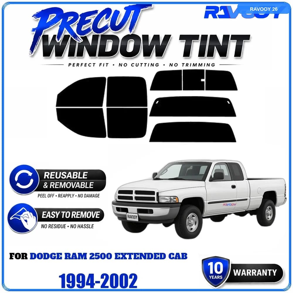 RAVOOY Precut Window Tint, Reusable Removable EPU Film, Custom Fit for Dodge Ram 2500 Extended Cab 1994-2002, UV Heat Protection