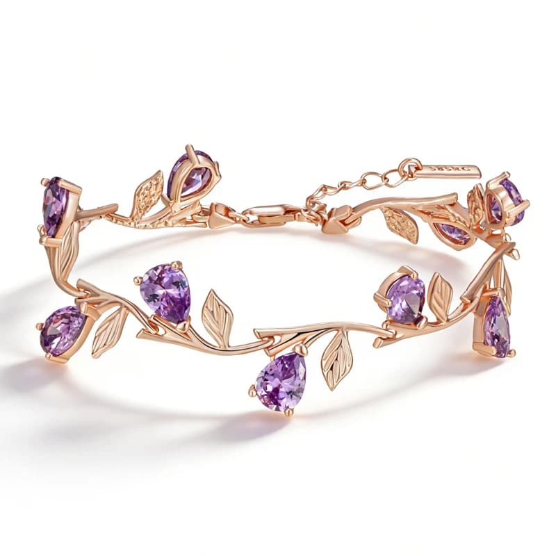 Kinel Luxury 585 Bracciale a petali color oro rosa per donna, accessori alla moda con zirconi naturali viola lucidi, gioielli etnici da matrimonio
