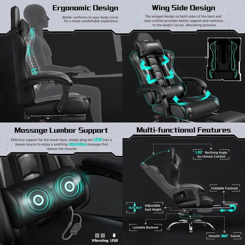 Sedia da Gaming Ergonomica Girevole con Altezza Regolabile, Massaggio Lombare e Reclinabile, Completamente Nera