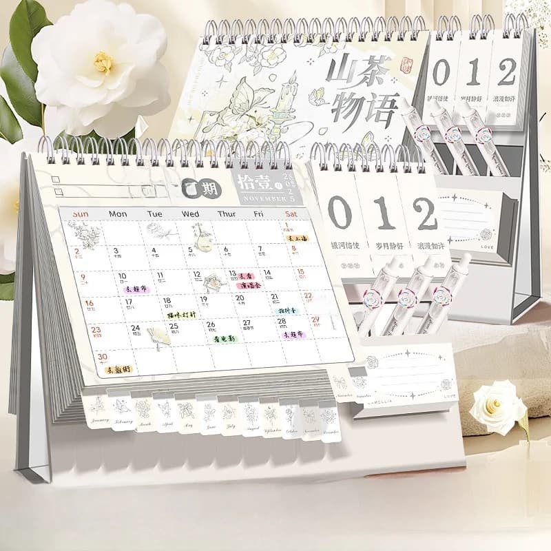 Calendario da Tavolo Gyro Camellia Story 2026 con Orologio, Pianificazione Incentivi, Decorazione da Tavolo, T-Shirt a Maniche Corte da Donna, Citywalk