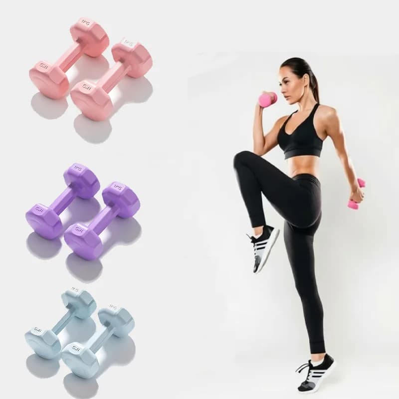 Women's Dumbbells for Home Fitness, Solid Plastic-Coated Dumbbells for Strength Training and Glute Exercises, 1kg (Pair), Suitable for Yoga Training with a Matte Comfortable Surface