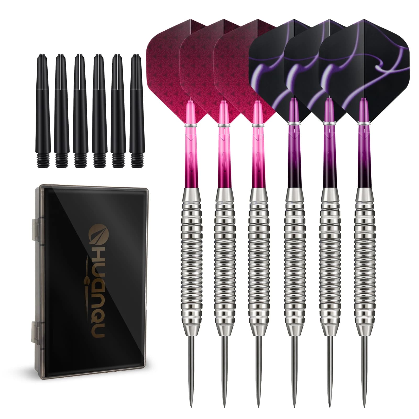 HUANQU 6Pcs 18g Steel Tip Darts Set, 2BA Shafts, Standard Flights, Replacement Shafts, Carry Case for Dartboard Games