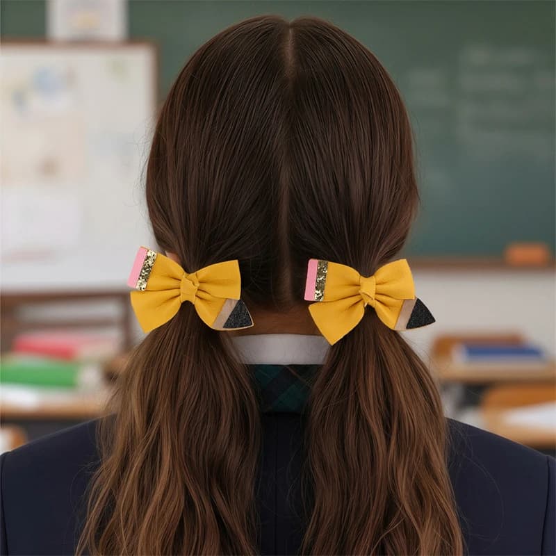 2pcs/set Pencil Design Colorful Ribbon Alligator Hair Clips – School Headwear, Cute Fabric Bow Barrettes.
